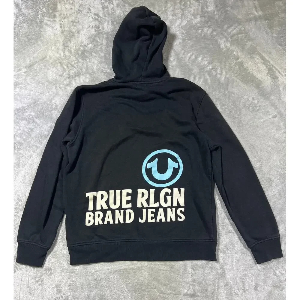True Religion Black Pullover Hoodie Logo Sweatshirt Mens Medium Streetwear